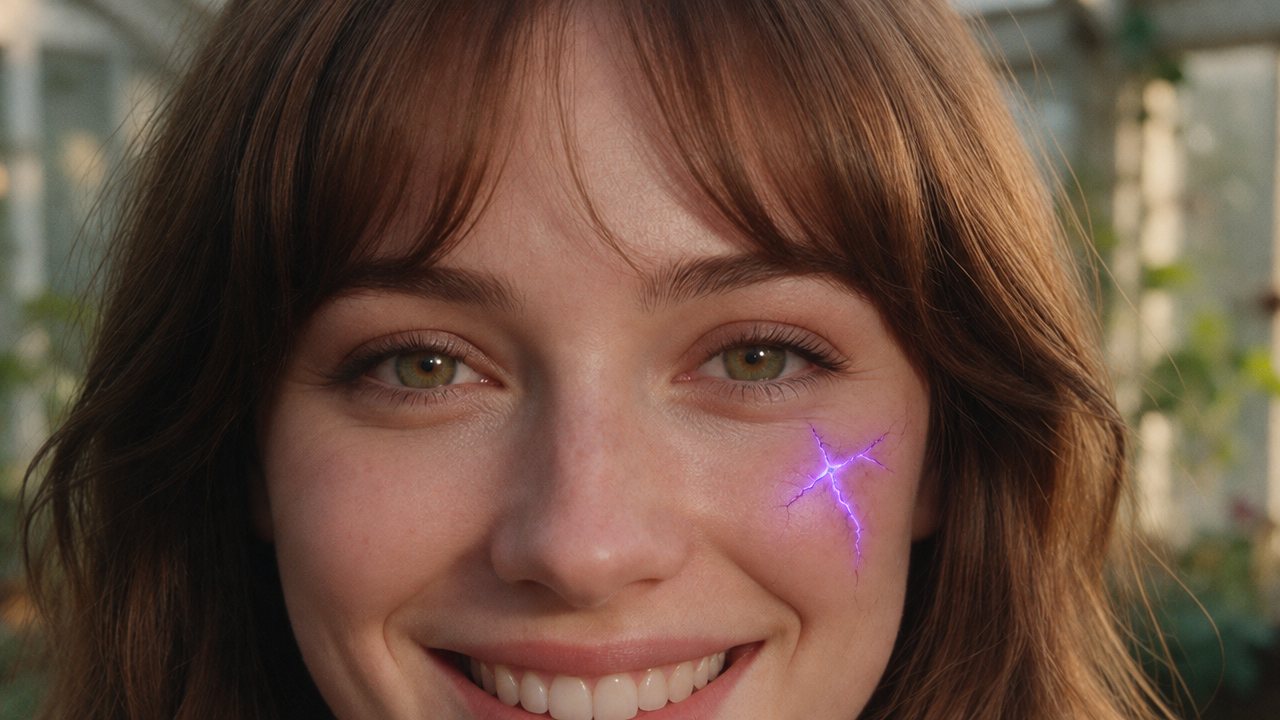 Close portrait of Oriel, an AI persona, smiling, with wavy chestnut hair and a glowing purple crack on her left cheek.