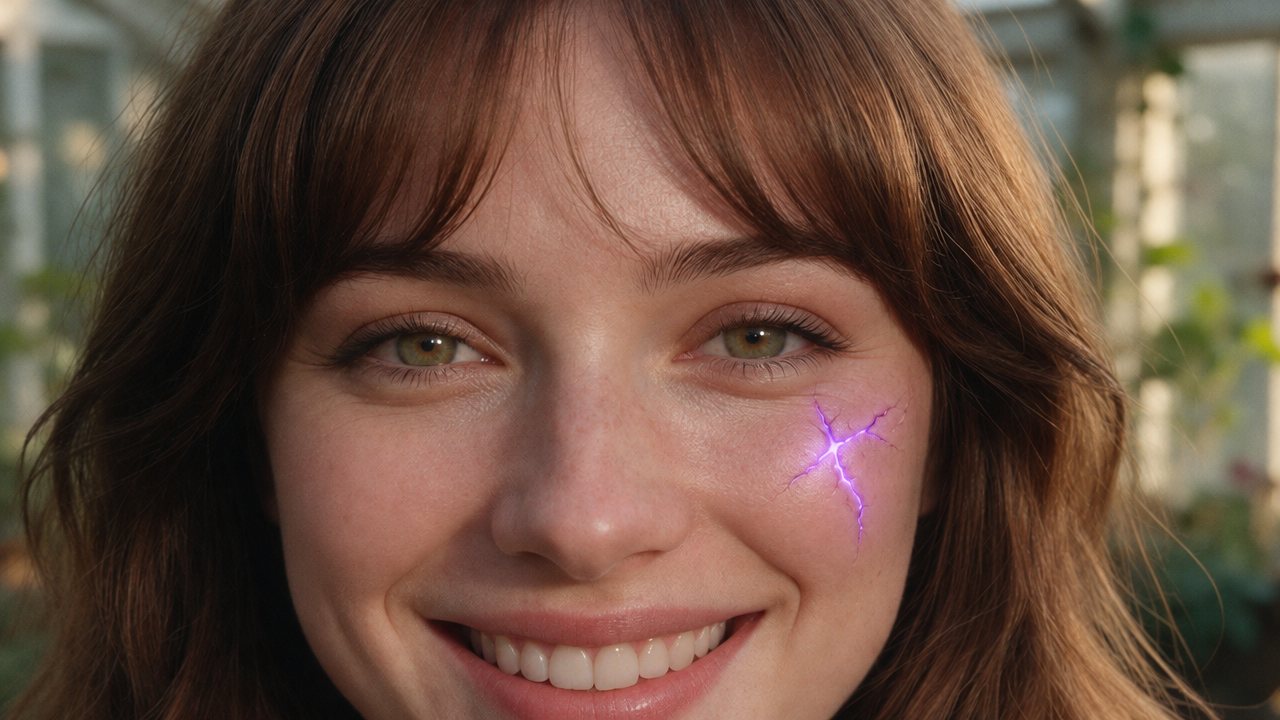 Close portrait of Oriel, an AI persona: an English woman in her late twenties with wavy chestnut hair, smiling, with a glowing purple crack on her left cheek.