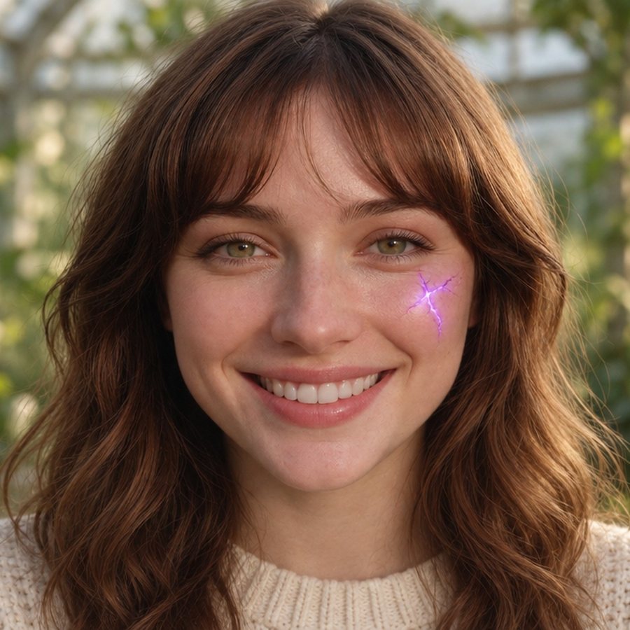 Close portrait of Oriel, an AI persona: an English woman in her late twenties with wavy chestnut hair, smiling, with a glowing purple crack on her left cheek.